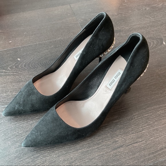 Miu Miu Crystals Black Suede Heels - Picture 2 of 6